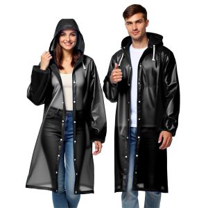 robustt unisex raincoat with hood black (pack of 1) | waterproof rain poncho | eva material | reusable | lightweight | universal size | raincoat for men and women